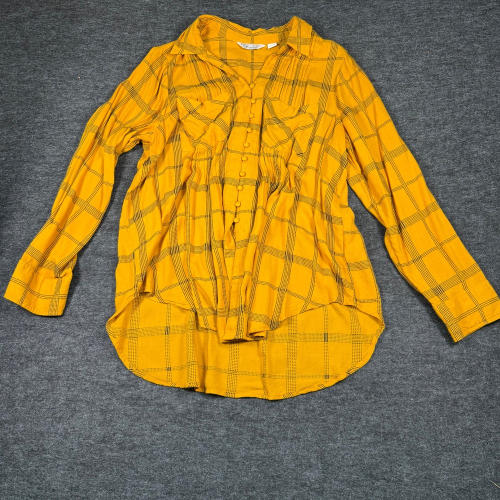 Caffe Marrakesh Womens Mustard Yellow Plaid Pleated Button Down Shirt Large
